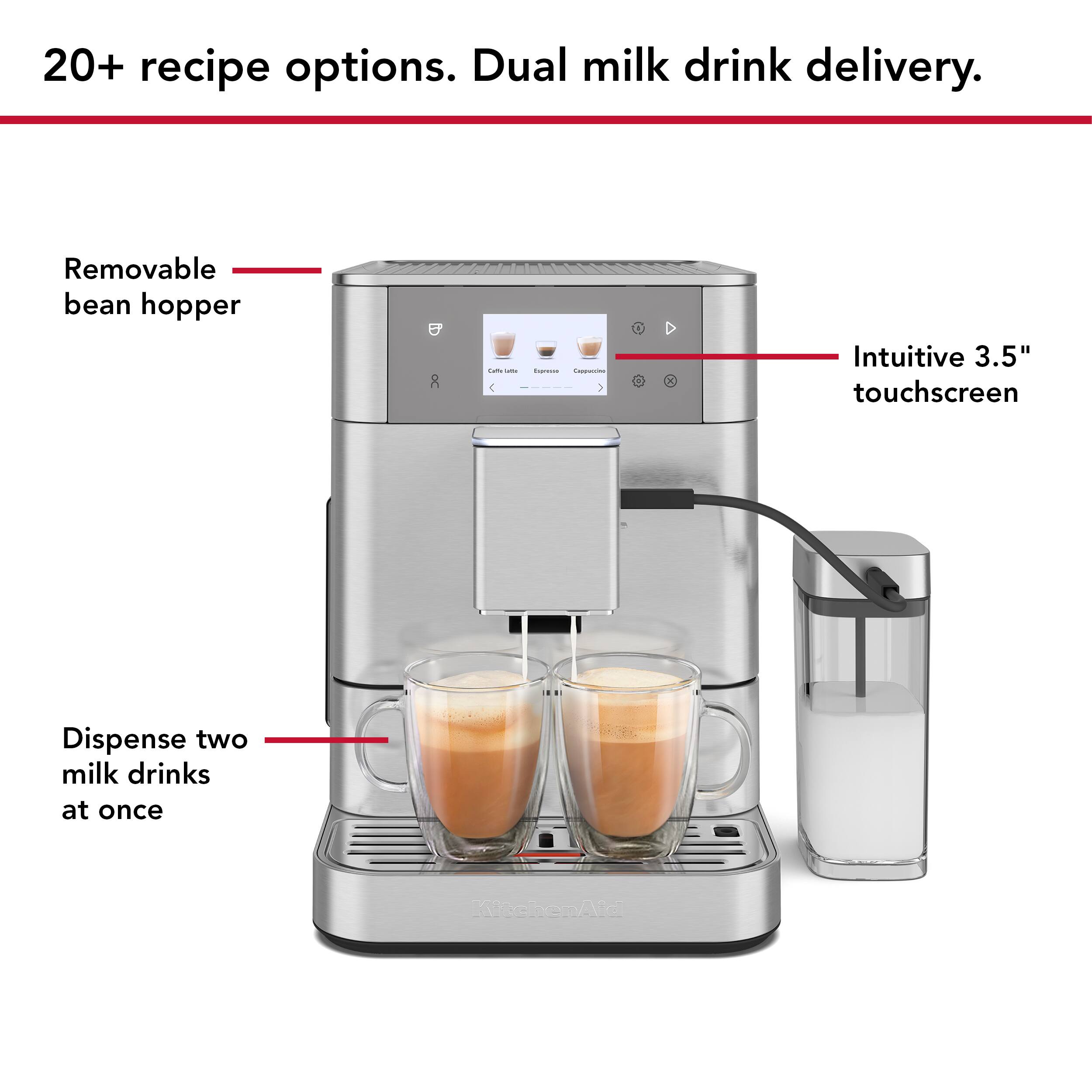 The image features a coffee maker with dual milk drink delivery options. It has a removable bean hopper and an intuitive 3.5" touchscreen for easy operation. The coffee maker can dispense two milk drinks at once, making it a convenient choice for busy households or offices. With 20+ recipe options available, users can enjoy a variety of coffee drinks to suit their taste preferences.