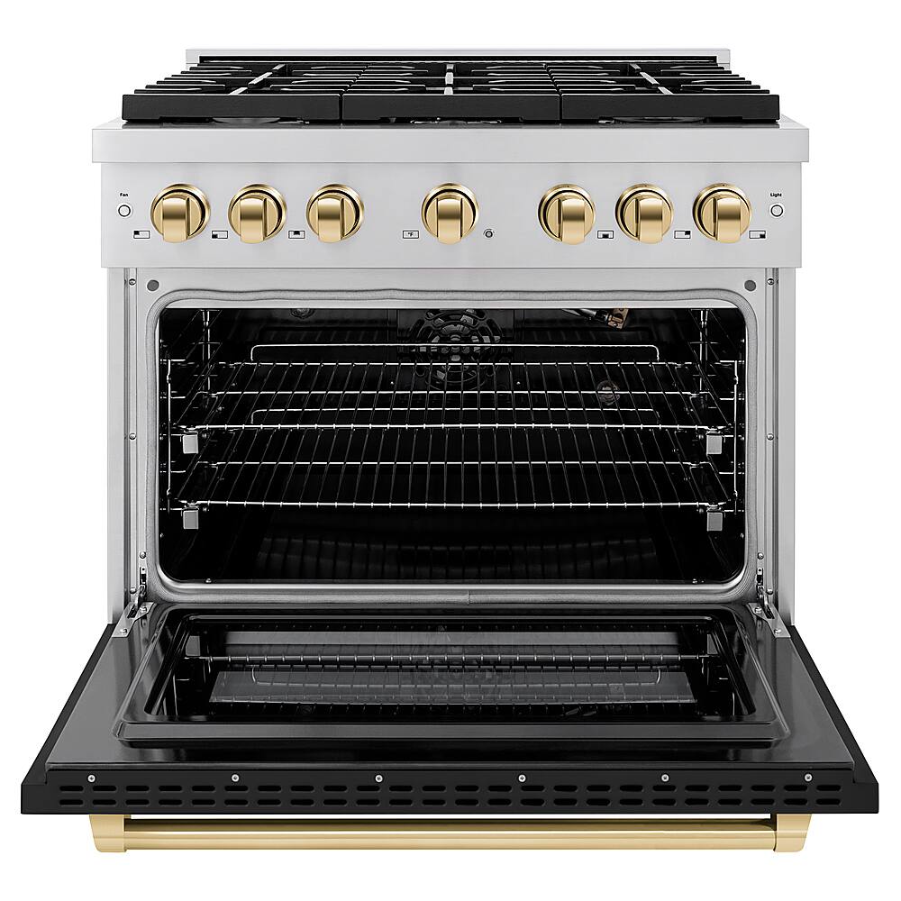 Angle. ZLINE - Autograph 36" Paramount Gas Range with 6 Burners and Gold Accents (SGRZ-BLM-36-G) - White.