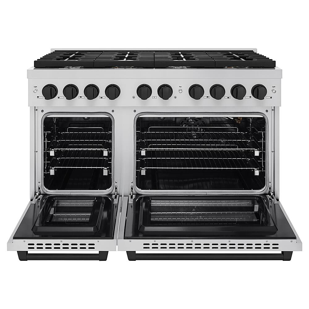 Angle. ZLINE - 48 in. 6.7 cu. ft. Freestanding Double Oven Gas Range - Stainless Steel/Matte Black Accents.