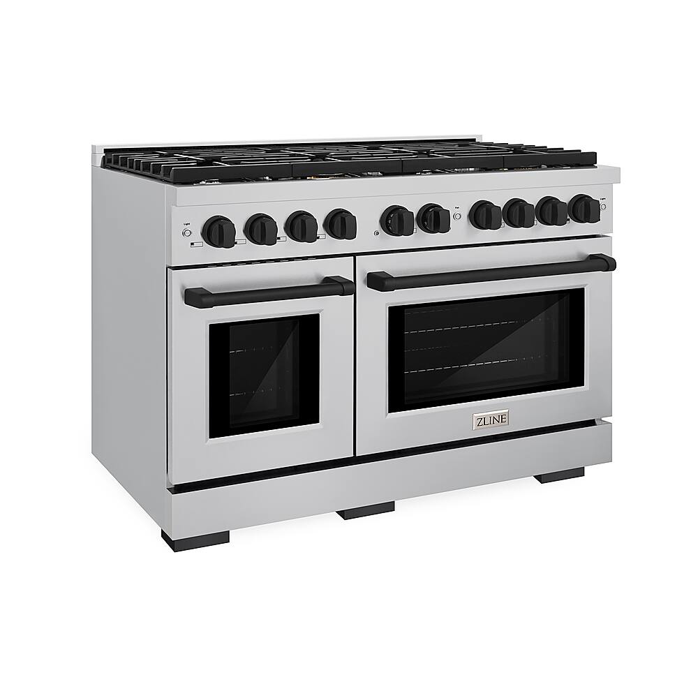 Left. ZLINE - 48 in. 6.7 cu. ft. Freestanding Double Oven Gas Range - Stainless Steel/Matte Black Accents.