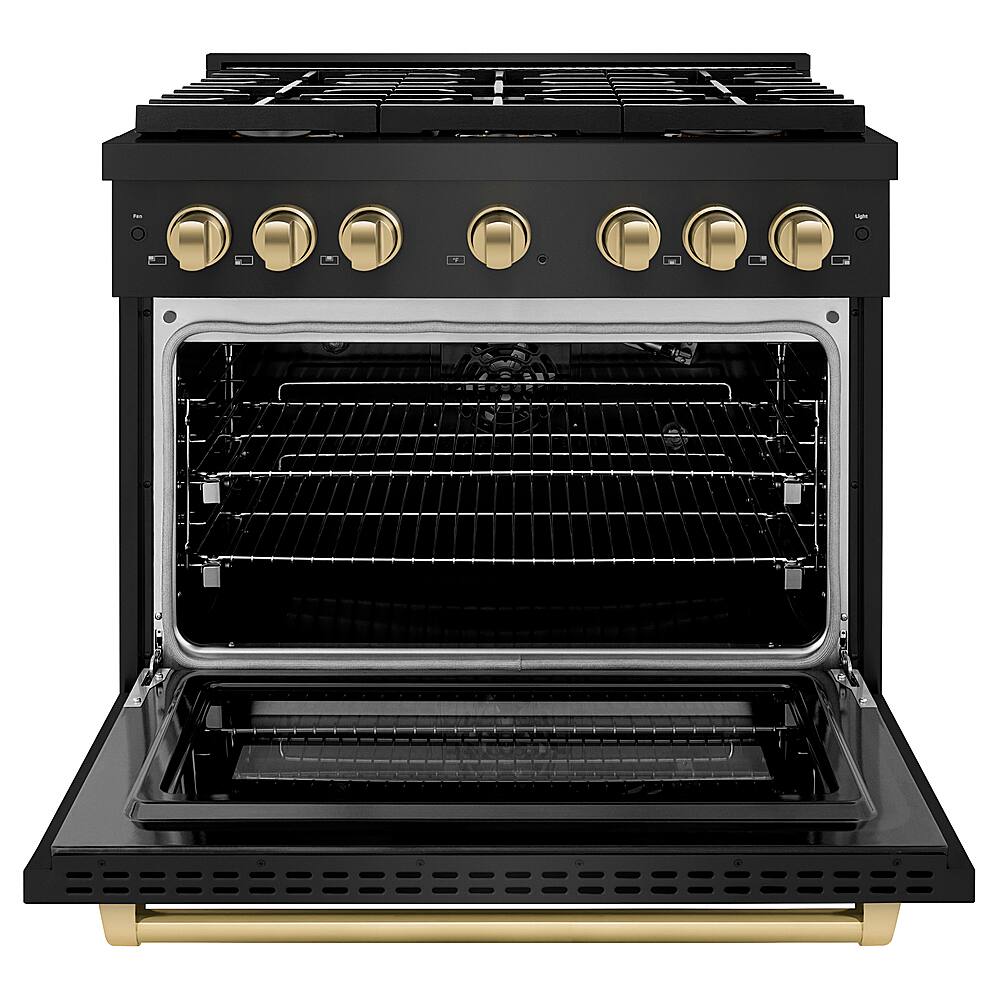 Angle. ZLINE - Autograph 36" Paramount Black Stainless Gas Range w/ 6 Burners & Bronze Accents (SGRBZ-36-CB) - Black Stainless Steel.