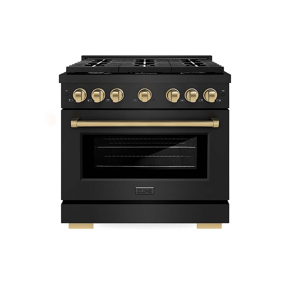 Front. ZLINE - ZLINE 36 in. 5.2 cu. ft.  Freestanding  Gas Range with Gas Oven in Black Stainless Steel and Champagne Bronze Accents.