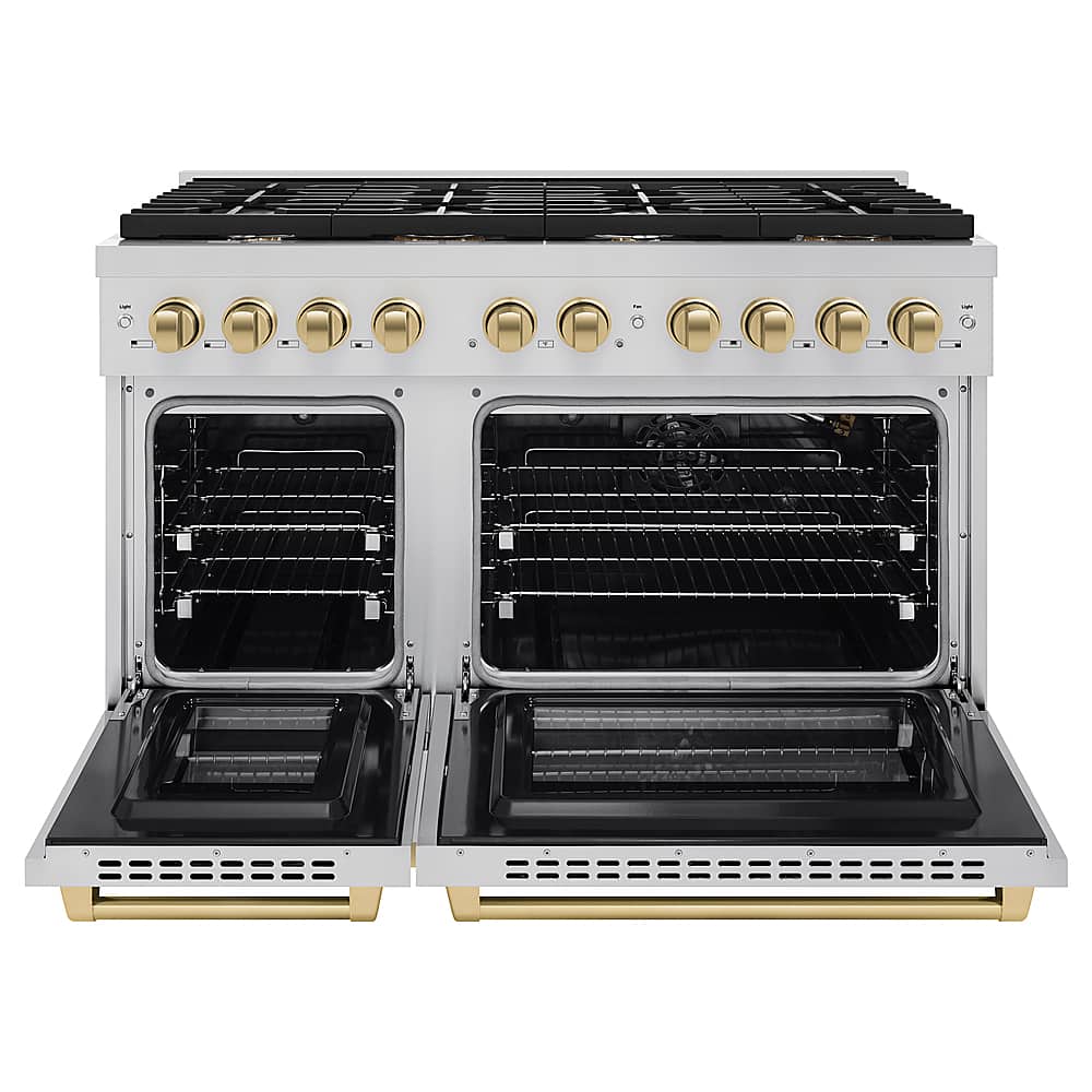 Angle. ZLINE - 48 in. 6.7 cu. ft. Freestanding Double Oven Gas Range and Champagne Bronze Accents - Stainless Steel.