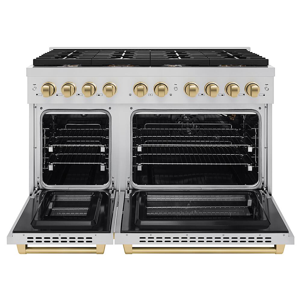 Angle. ZLINE - 48 in. 6.7 cu. ft. Freestanding Double Oven Gas  Range and Champagne Bronze Accents - Stainless Steel.