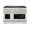 Front. ZLINE - 48 in. 6.7 cu. ft. Freestanding Double Oven Gas Range and Champagne Bronze Accents - Stainless Steel.