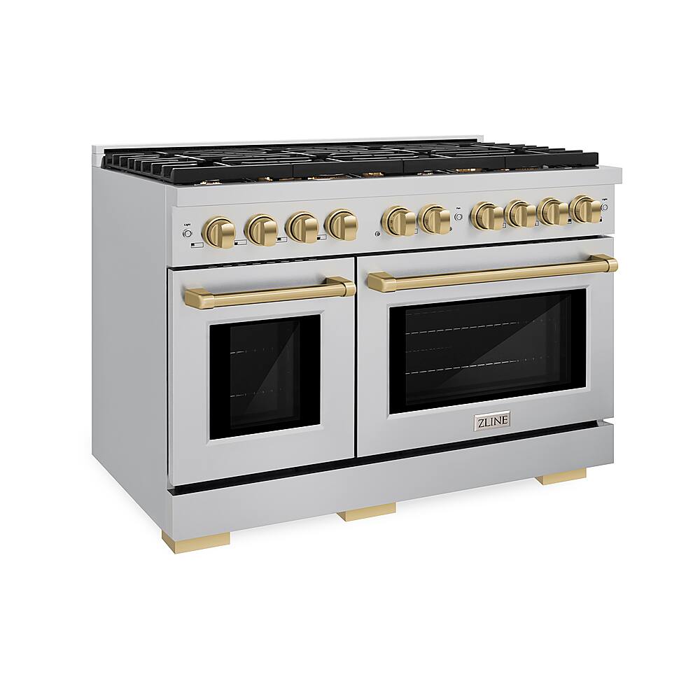 Left. ZLINE - 48 in. 6.7 cu. ft. Freestanding Double Oven Gas  Range and Champagne Bronze Accents - Stainless Steel.