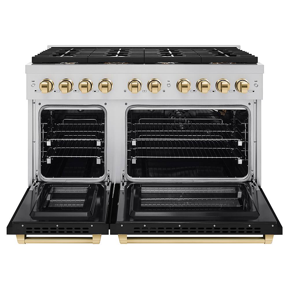 Angle. ZLINE - Autograph 48" Paramount Double Oven Gas Range and Gold Accents (SGRZ-BLM-48-G) - Satin Steel/White.