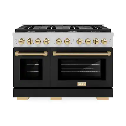 Front. ZLINE - ZLINE 48 in. 6.7 cu. ft. Freestanding Double Oven Gas Range in Stainless Steel with Polished Gold Accents.