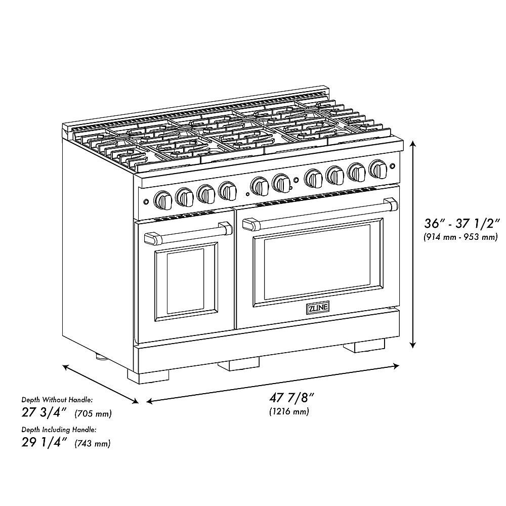 The image features a stove with a range of 36 to 37 1/2 inches. The stove is designed by ZLINE and has a depth of 27 3/4 inches without the handle and 29 1/4 inches including the handle. The overall depth of the stove is 47 7/8 inches.