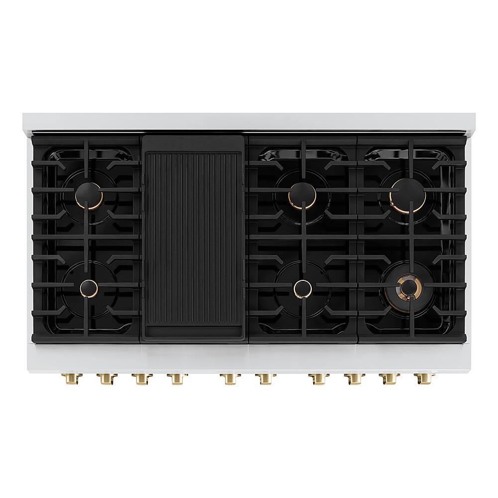 Alt View 1. ZLINE - ZLINE  48 in. 6.7 cu. ft. Freestanding Double Oven Gas Range in Stainless Steel with Polished Gold Accents.