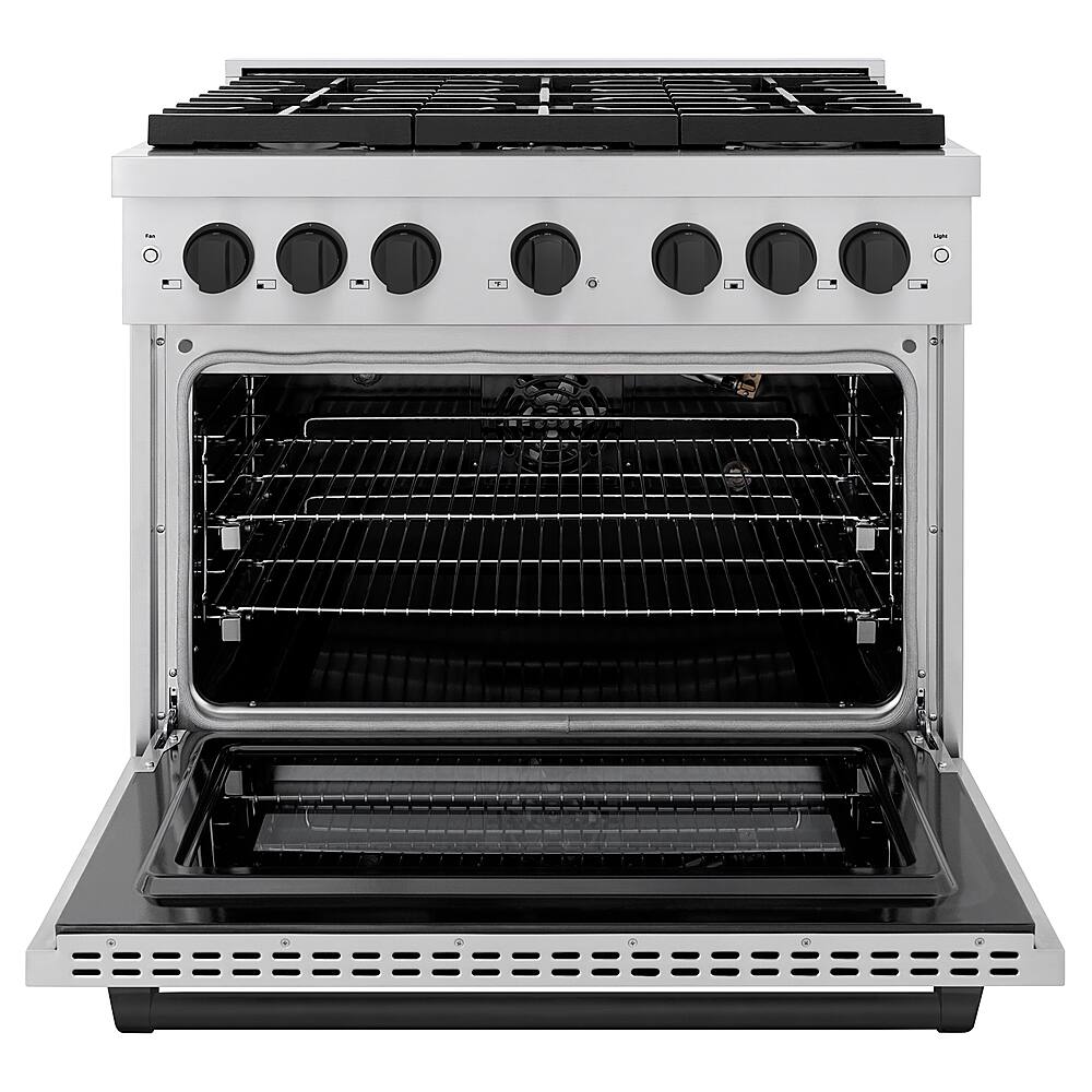 Angle. ZLINE - Autograph Edition 36" Paramount Gas Range w/ 6 Burners & Matte Black Accents (SGRZ-36-MB) - Stainless Steel.