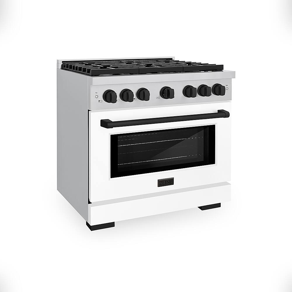 Left. ZLINE - 36 in. 5.2 cu. ft. Freestanding Gas Range with Gas Oven with White Matte Door - stainless steel.