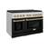 Left. ZLINE - ZLINE 48 in. 6.7 cu. ft. Freestanding Double Oven Gas Range in Stainless Steel with Black Matte Doors.
