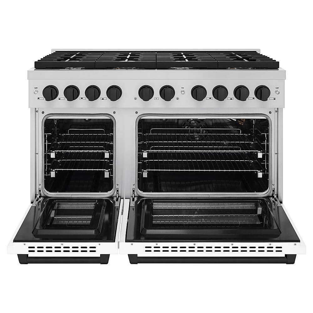 Angle. ZLINE - Autograph 48" Paramount Gas Range with 8 Burners and Black Accents (SGRZ-WM-48-MB) - Satin Steel/White.