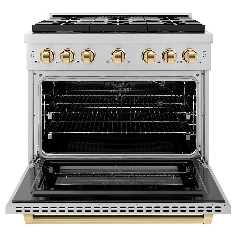 Angle. ZLINE - Autograph Edition 36" Paramount Gas Range w/ 6 Burners & Polished Gold Accents (SGRZ-36-G) - Stainless Steel.