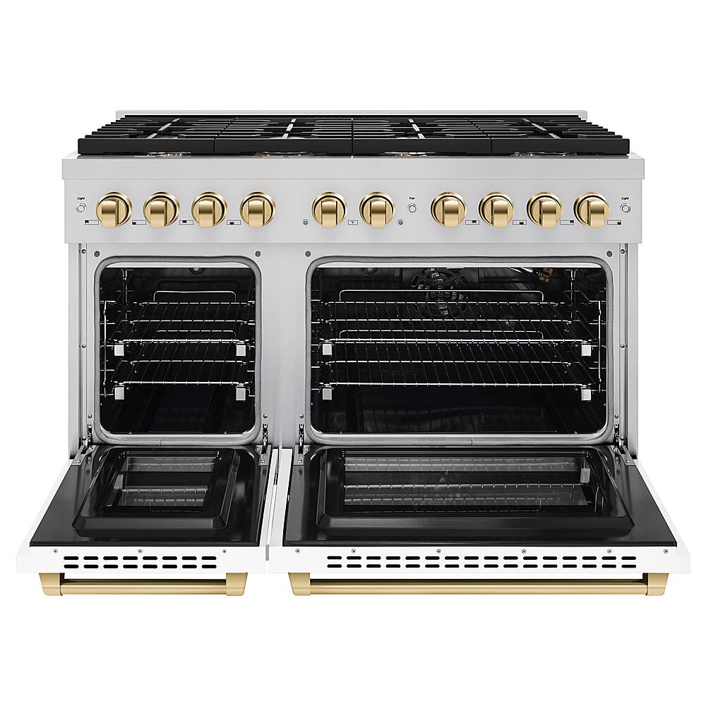 Angle. ZLINE - 48 in. 6.7 cu. ft. Freestanding Double Oven Gas Range with White Matte Doors - Stainless Steel.