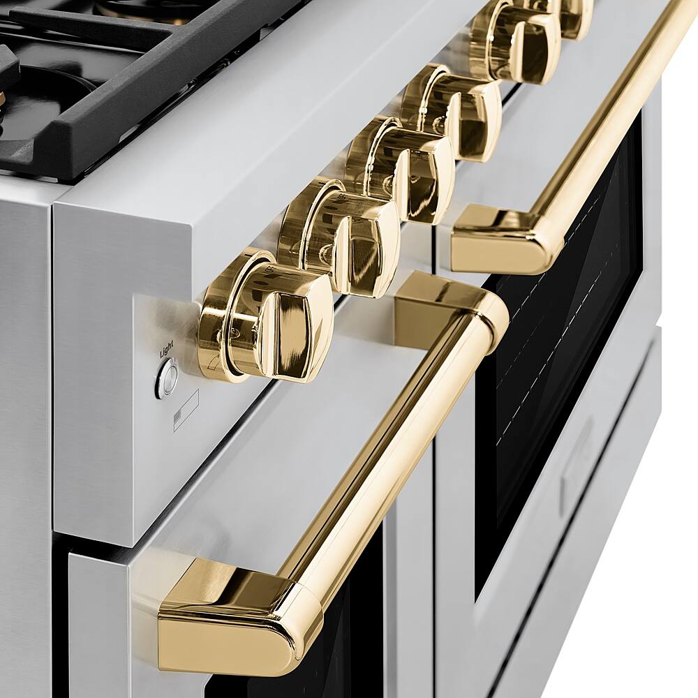 Alt View 1. ZLINE - 48 in. 6.7 cu. ft. Freestanding Double Oven  Gas Range and Polished Gold Accents - Stainless Steel.