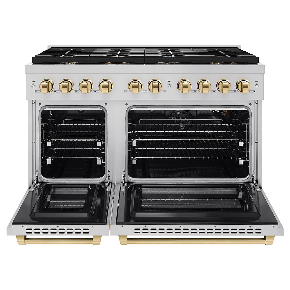 Left. ZLINE - 48 in. 6.7 cu. ft. Freestanding Double Oven  Gas Range and Polished Gold Accents - Stainless Steel.