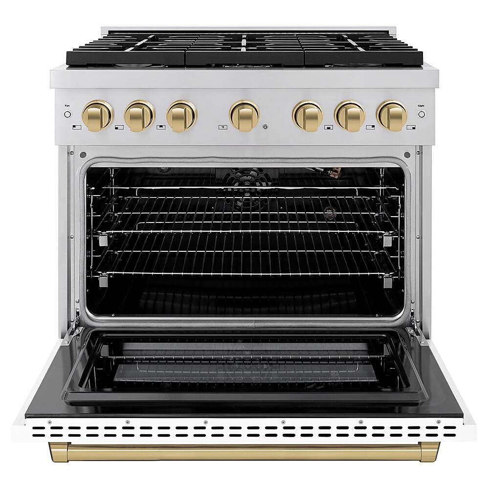 Angle. ZLINE - 36 in. 5.2 cu. ft. Freestanding  Gas Range with Gas Oven with White Matte Door - Stainless Steel.