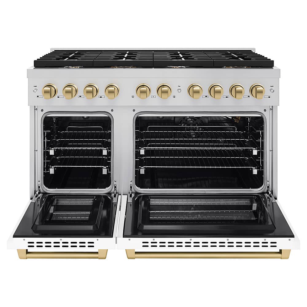 Angle. ZLINE - ZLINE 48 in. 6.7 cu. ft. Freestanding Double Oven Gas Range in Stainless with Champagne Bronze Accent - stainless steel.
