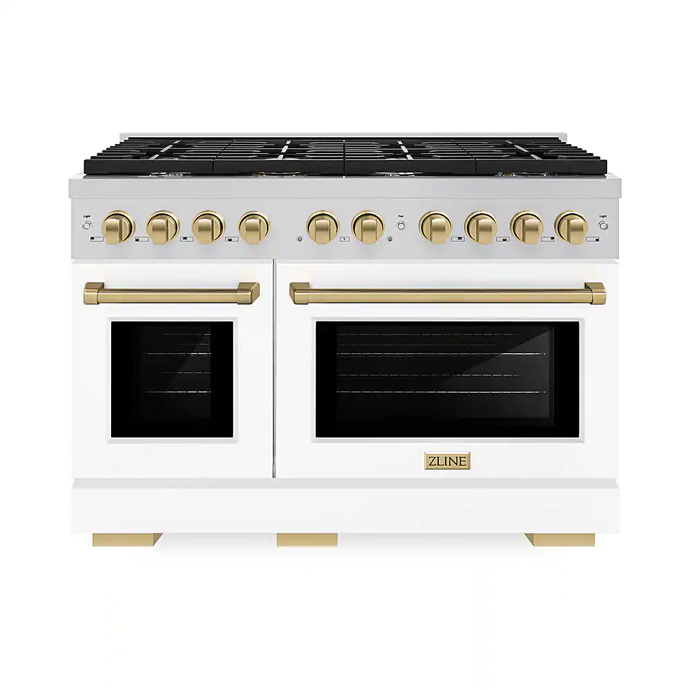 Front. ZLINE - ZLINE 48 in. 6.7 cu. ft. Freestanding Double Oven Gas Range in Stainless with Champagne Bronze Accent - stainless steel.