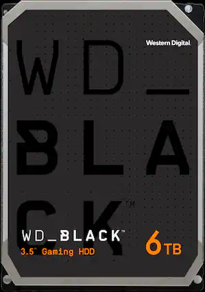 The image features a Western Digital WD_Black 6TB Gaming HDD. The product is designed for gamers and offers a high-performance storage solution. The WD_Black logo is prominently displayed on the front of the hard drive, emphasizing its gaming-oriented features.