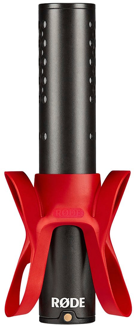 The image features a red and black object, which appears to be a microphone or a camera lens. The object has a red ring around it, and it is positioned against a white background. The word "Rode" is written on the object, which suggests that it might be a product from the Rode company. The object is prominently displayed in the image, and it is the main focus of the scene.