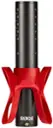 The image features a red and black object, which appears to be a microphone or a camera lens. The object has a red ring around it, and it is positioned against a white background. The word "Rode" is written on the object, which suggests that it might be a product from the Rode company. The object is prominently displayed in the image, and it is the main focus of the scene.