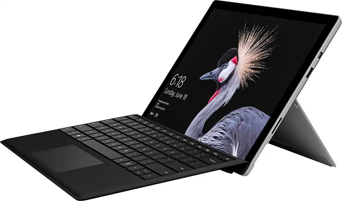Angle. Microsoft - Geek Squad Certified Refurbished Surface Pro - 12.3" Touch-Screen - 128GB - Intel Core i5 with Black Type Cover - Platinum.