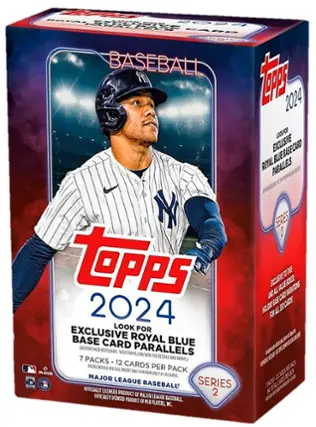 Topps Baseball 2024 is a product of Major League Baseball, and it features exclusive cards, including a Royal Blue parallel. The box contains 7 packs, each containing 4-10 Major League Baseball cards. The packs also come with a special insert, and players in the packs may contain only 4-10 Major League Baseball cards. The product is officially licensed by MLB Players, Inc.