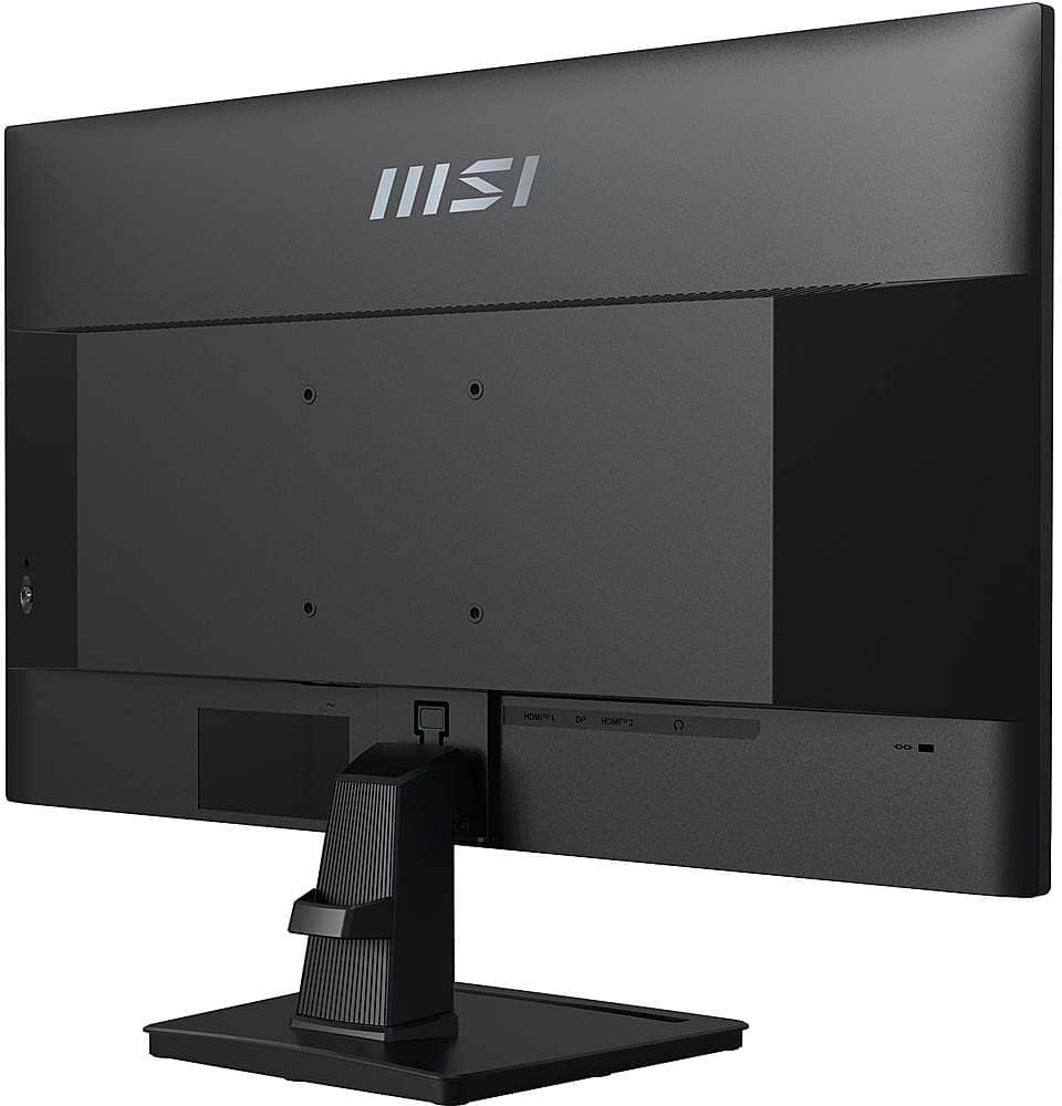The image features a large black computer monitor with the brand name "MSI" on it. The monitor is placed on a black stand, and it is the main focus of the image.