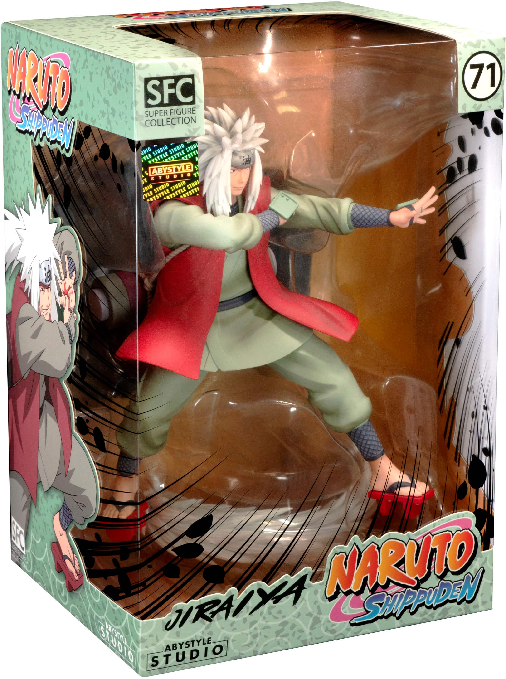 The text on the image reads: "NARUTO SHIPPUDEN STUDIO ABYSTYLE STUDIO COLLECTION - JIRAIYA FIGURE SET - LTD. EDITION - SFC IGURE SAON COLL LLECTION - LTD. EDITION - STUDIO ABYSTYLE - 71 K TI JIRAIYA NARUTO SHIPPUDEN STUDIO ABYSTYLE STUDIO."