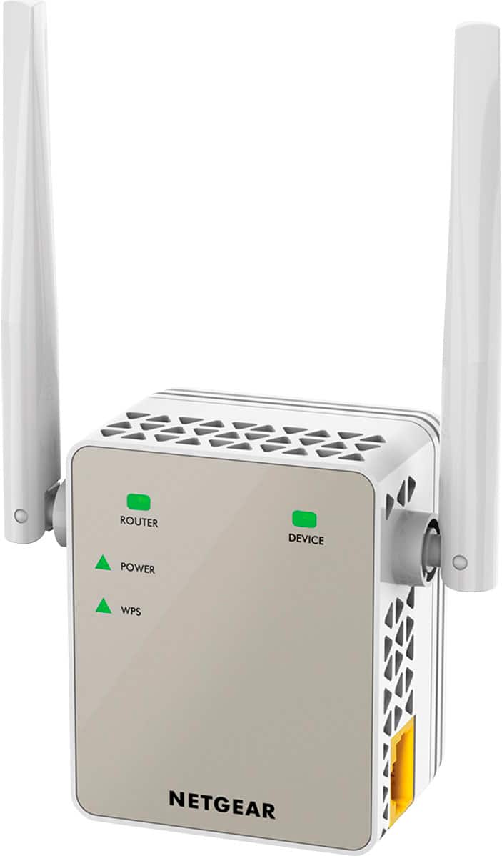 The image features a Netgear router device with a power button and a WPS button on the front. The router is designed to provide internet connectivity and is currently powered off.