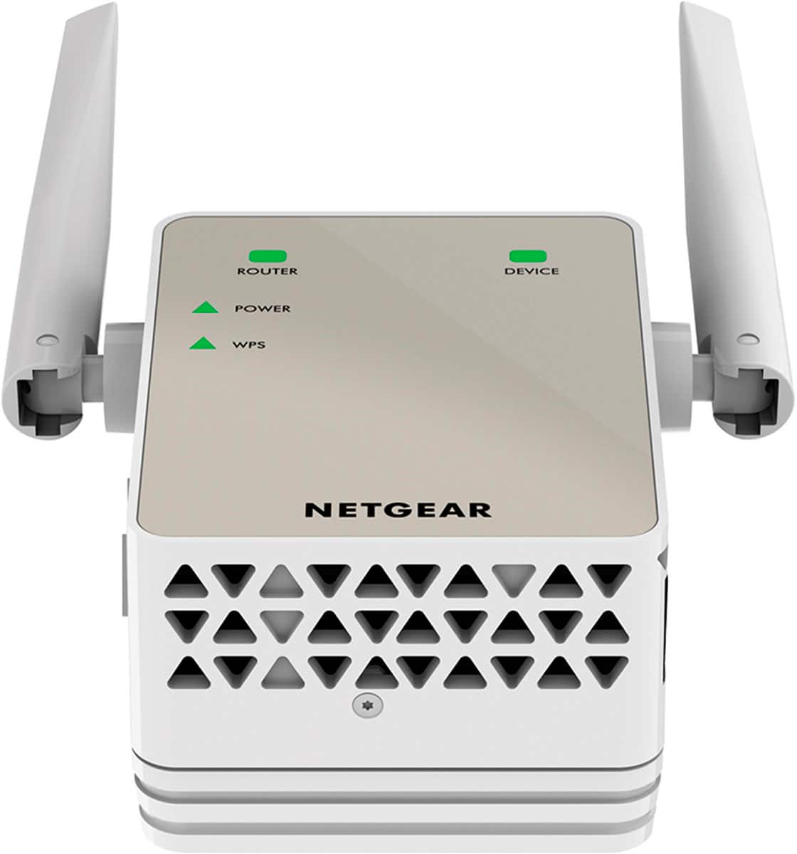 The image features a white Netgear router device with a power button, WPS button, and a Netgear logo. The device is designed to provide internet connectivity and is mounted on a wall.