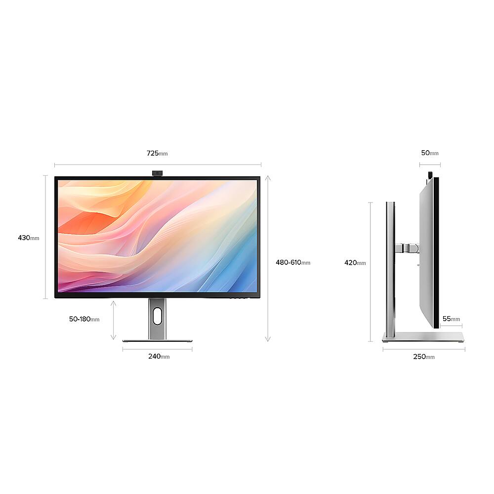 The image features a computer monitor and a television side by side, with the monitor being 725mm tall and 50mm wide. The television is 430mm tall and 480-610mm wide, with a diagonal length of 420mm. The monitor and television are placed on a stand that measures 50-180mm tall and 55mm wide. The image also includes a 240mm tall and 250mm wide computer monitor, which is placed next to the television.
