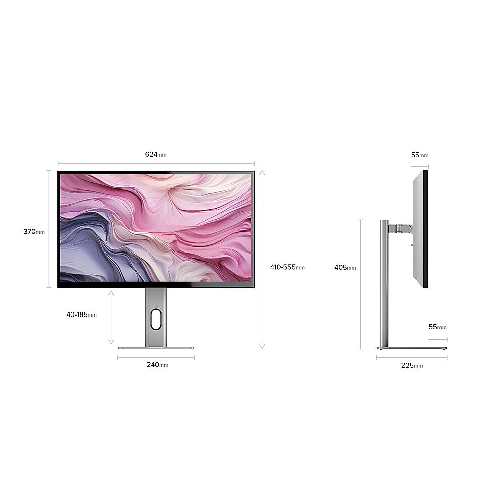 The image shows a computer monitor with a pink and purple background. The monitor is mounted on a stand, and its dimensions are 624mm x 55mm x 370mm. The stand is 410-555mm tall, and the monitor itself is 405mm wide. The monitor is positioned at a height of 40-185mm above the stand.