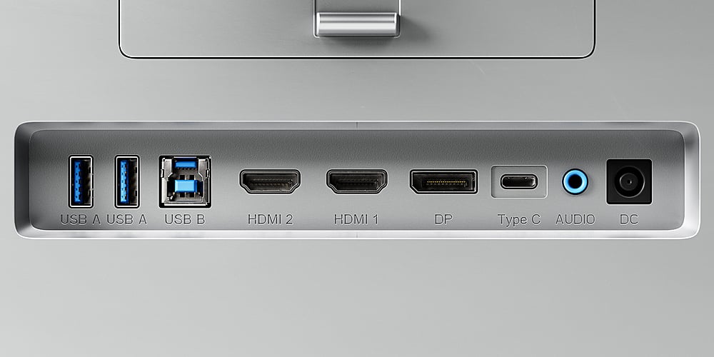 The text on the image reads: USB A, USB B, HDMI 2, HDMI 1, DP, Type C, AUDIO, DC.