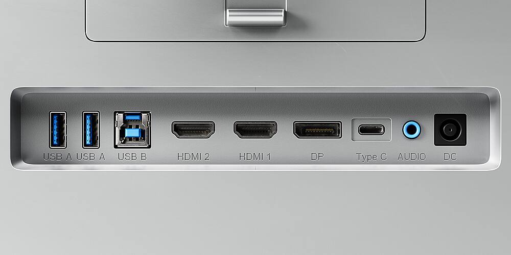 The text on the image reads: USB A, USB B, HDMI 2, HDMI 1, DP, Type C, AUDIO, DC.