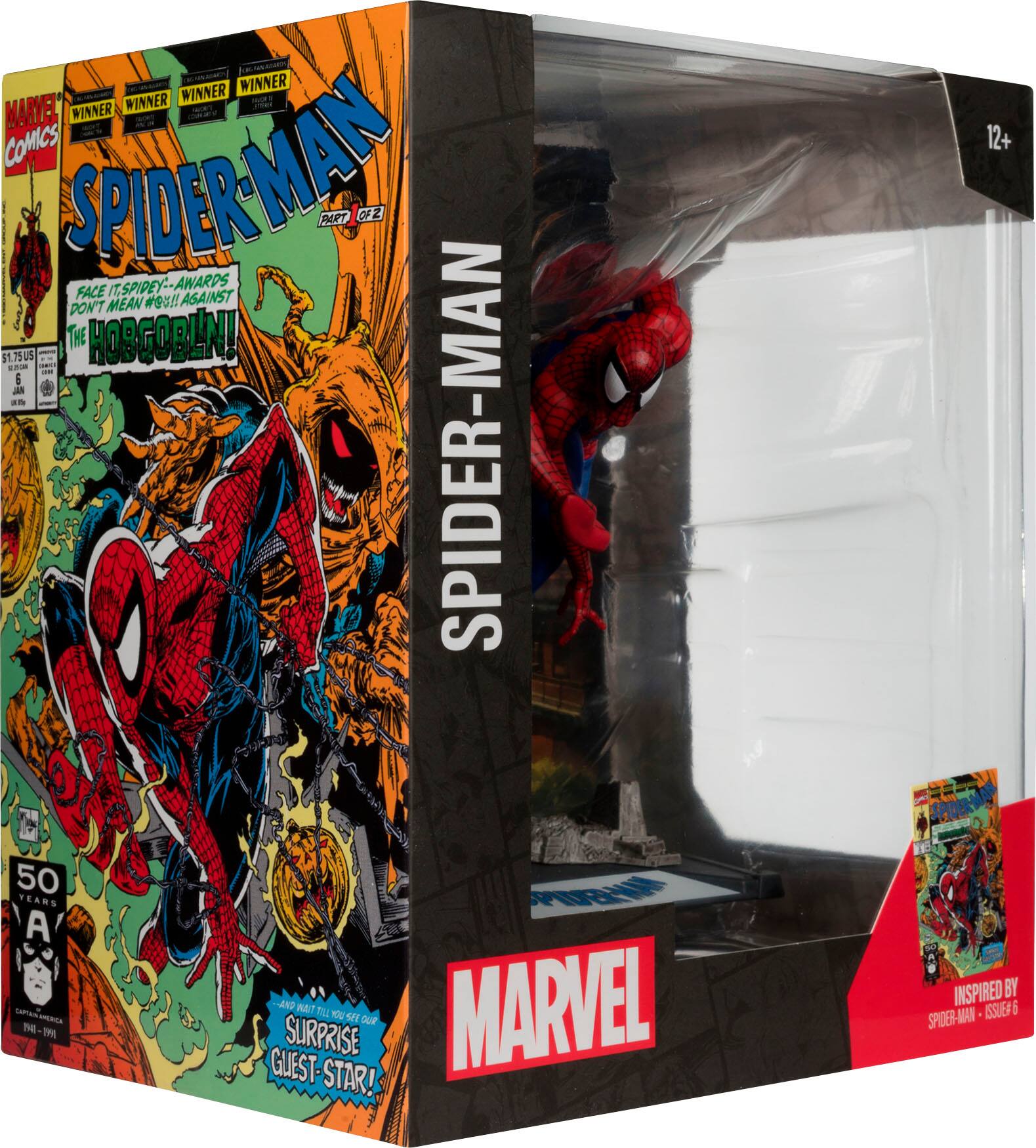 The image features a Spider-Man action figure from the Marvel Comics series. The figure is displayed in a box, which also contains a comic book. The Spider-Man figure is posed in a dynamic way, possibly fighting the Hobgoblin. The box is designed to showcase the figure and the comic book, making it an appealing collectible for fans of the Spider-Man series.