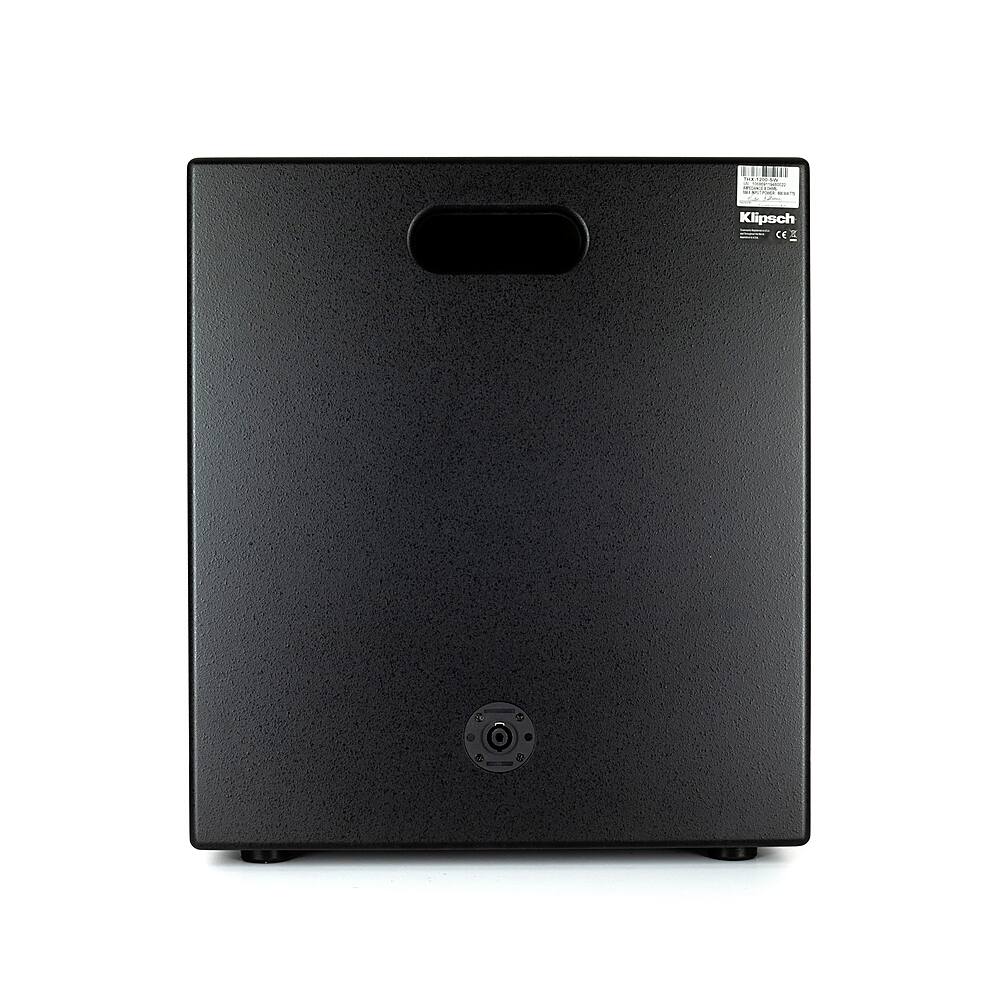The image features a black box with a Klipsch logo on it. The box is sitting on a white background, making it stand out.