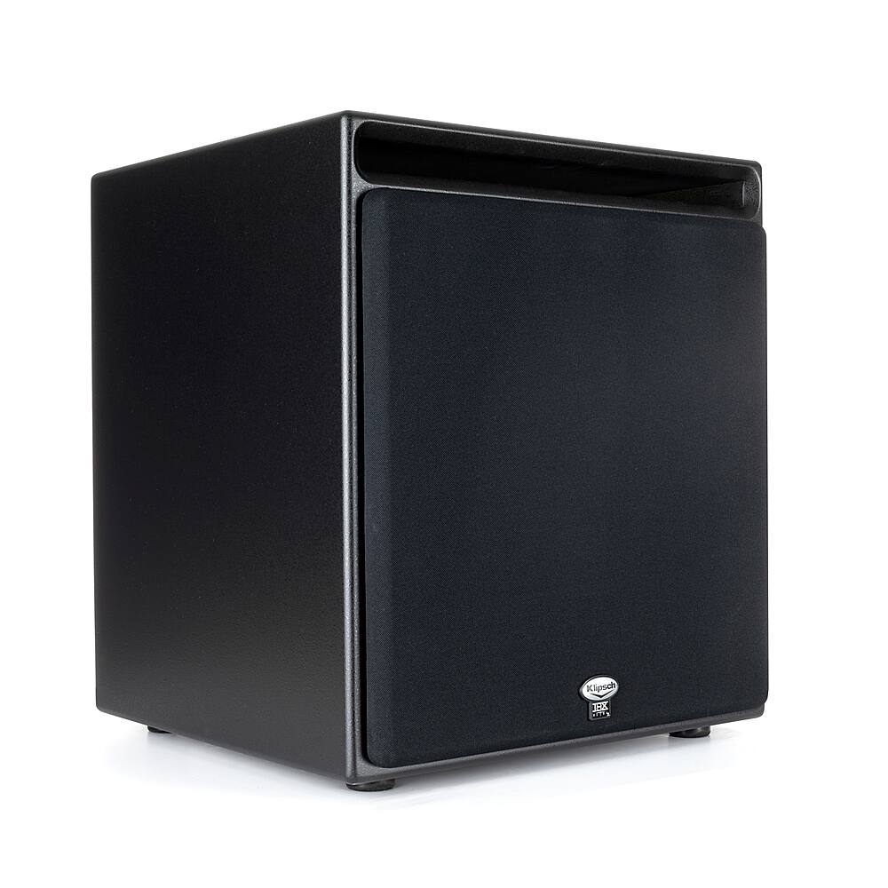 The image features a large black speaker or subwoofer, which is placed on a white background. The speaker is positioned in the center of the image, and it appears to be a part of a larger system. The speaker is likely designed to enhance the sound quality of an audio system, providing a more immersive listening experience.