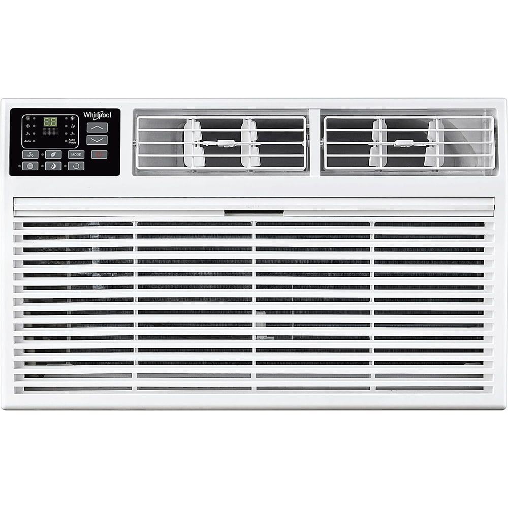 The image features a white Whirlpool air conditioner with a digital display and a remote control. The air conditioner has a white grate and is designed to be energy efficient. The display shows the current temperature and other relevant information. The remote control allows for easy adjustment of the temperature and other settings. The air conditioner is likely to be a central air conditioning unit, providing cooling for multiple rooms in a home or building.