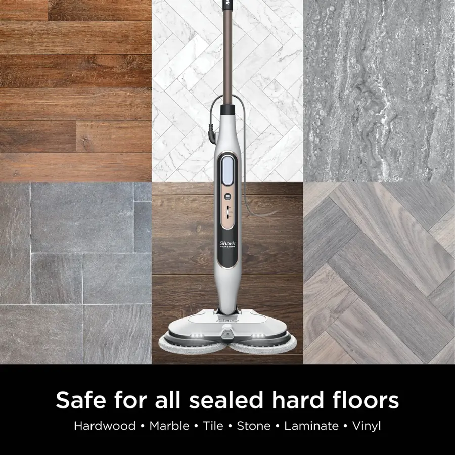 The image features a Shark mop, which is designed to be safe for use on all sealed hard floors, including hardwood, marble, tile, stone, and laminate. The mop is displayed in various colors, showcasing its versatility and compatibility with different floor types. The advertisement emphasizes the mop's ability to clean and maintain a variety of flooring materials without causing damage or harm to the surfaces.