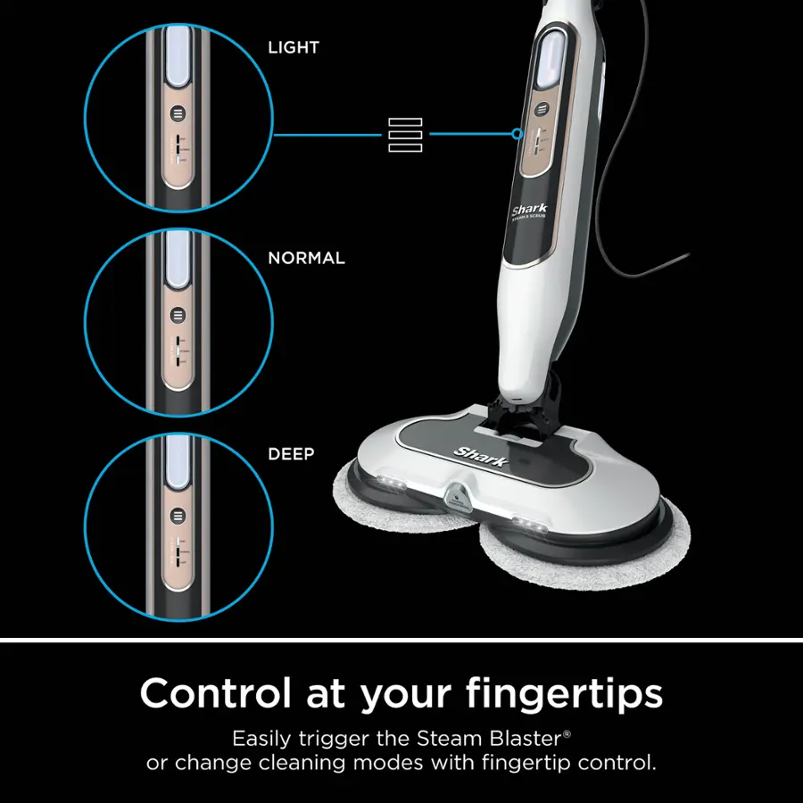 LIGHT shark I NORMAL DEEP Control at your fingertips Easily trigger the Steam Blaster or change cleaning modes with fingertip control.