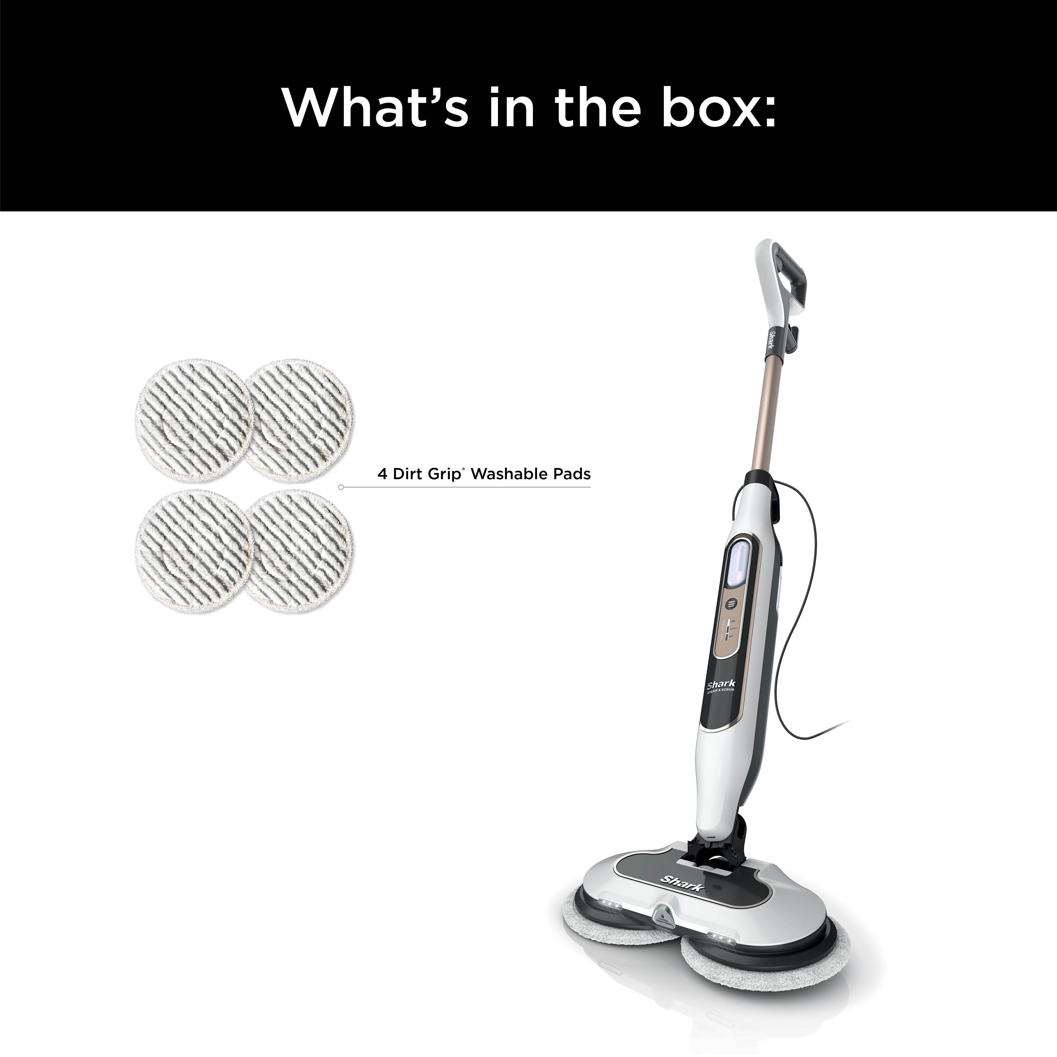 The image shows a mop with a long handle and a box containing four washable pads. The pads are designed to provide better grip and cleaning performance. The mop is ready to be used and can be easily stored when not in use.