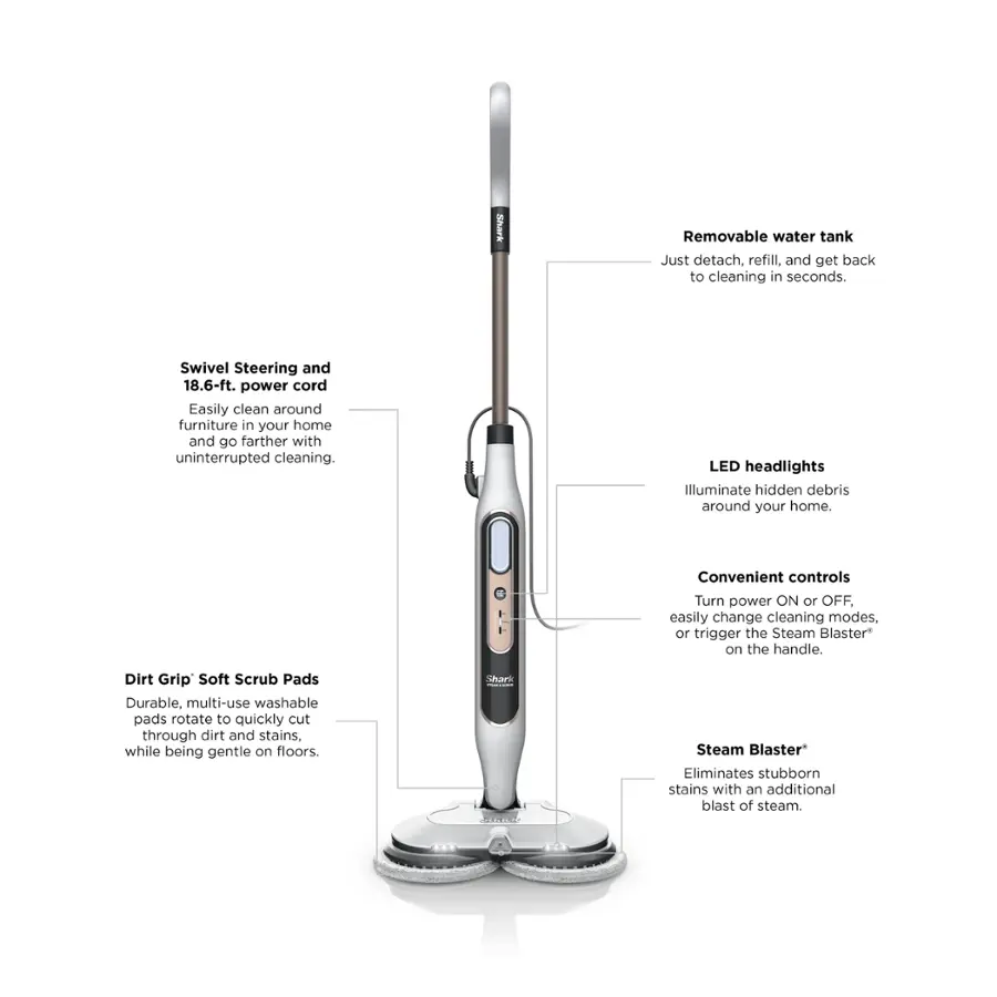 The image features a Shark Steam Mop with a removable water tank, which allows for easy cleaning and refilling. The mop has a swivel steering system and a 18.6-ft power cord, providing greater maneuverability and reach while cleaning. The mop also has LED headlights to illuminate hidden debris, making it easier to spot and clean. The handle of the mop has convenient controls for turning the power on and off, changing cleaning modes, or triggering the Steam Blaster for added cleaning power. Additionally, the mop comes with Dirt Grip Soft Scrub Pads that are durable and multi-use, rotating to quickly cut through dirt and stains while being gentle on floors.