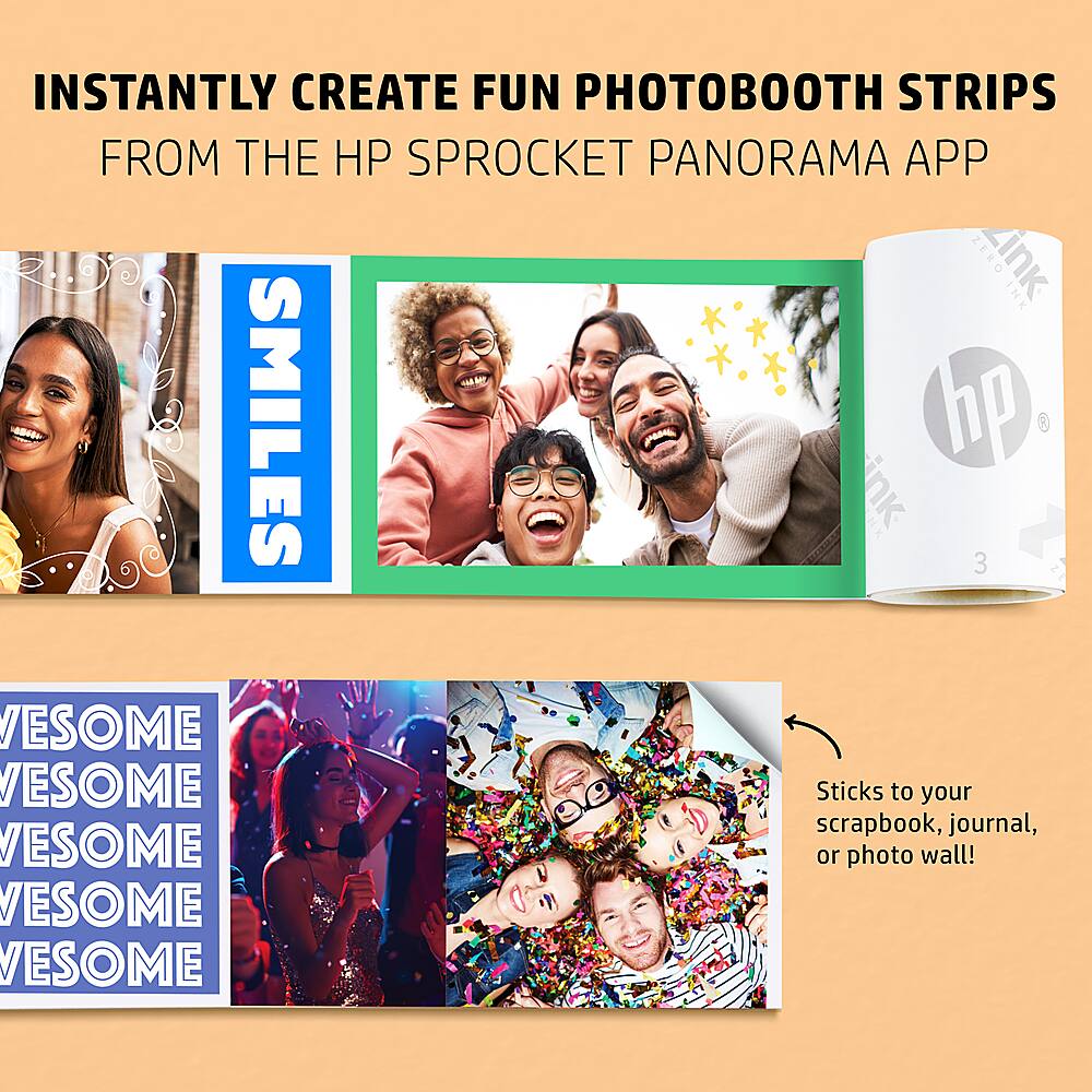 Instantly create fun photobooth strips from the HP Sprocket Panorama app. Zero ink. Smiles. HP ink. Some awesome stickers to your scrapbook, journal, or photo wall!