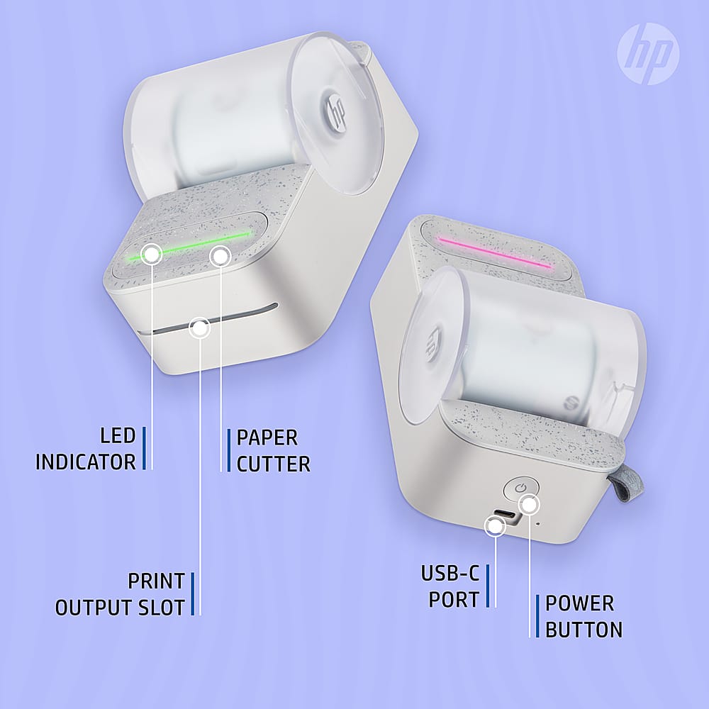 The image features two HP paper cutters with a green LED indicator. The paper cutters have a USB-C port and a power button. They are designed for easy use and efficient cutting of paper.