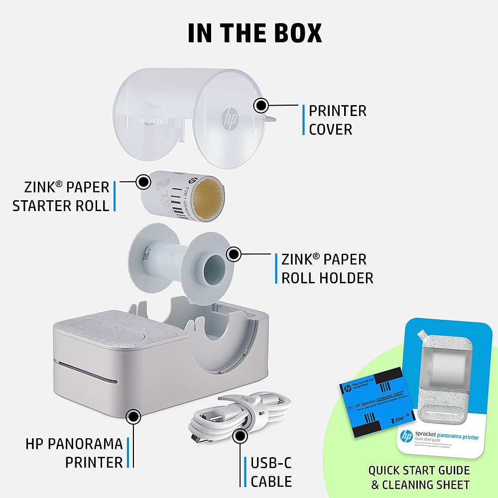 The image features a printer and its components, including a printer cover, a Zink paper starter roll, a Zink paper roll holder, and a USB-C cable. The printer is designed for panorama printing, and the image also includes a quick start guide and a cleaning sheet.