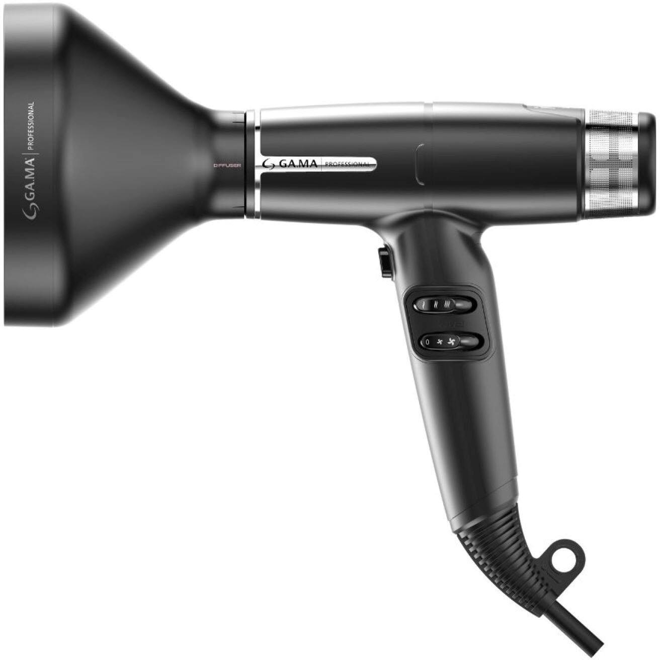 The image features a black hair dryer with a long hose and a nozzle. The hair dryer is designed by Gama, and it is a professional-grade product.